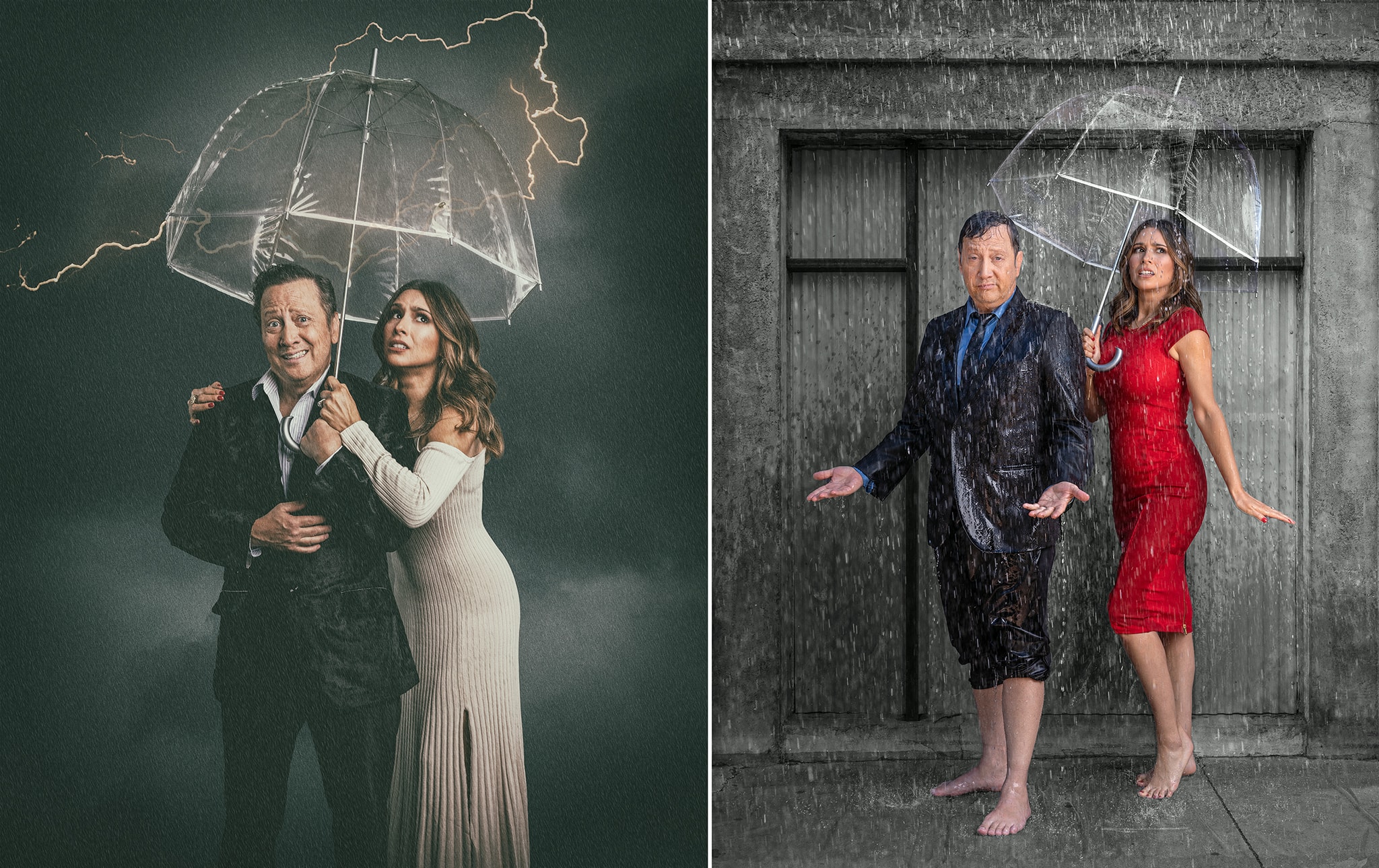 Couple under umbrella in lightning storm and rain editorial portraits
