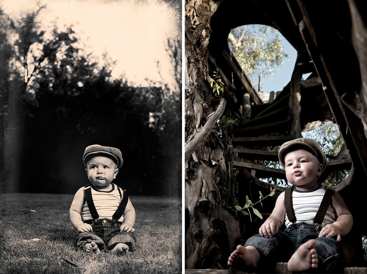 Baby in vintage cap and suspenders, outdoor portraits