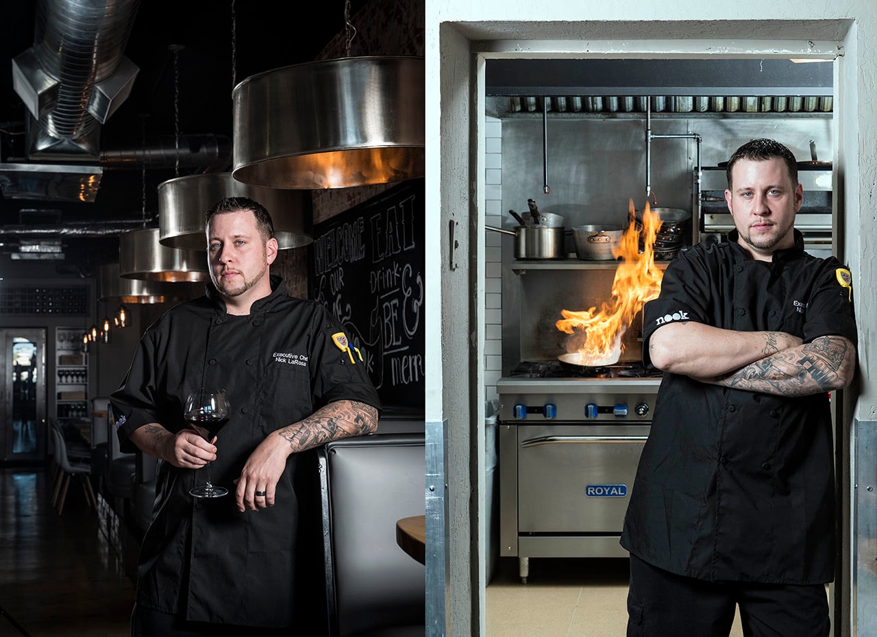 Executive chef with wine glass and kitchen flame portraits
