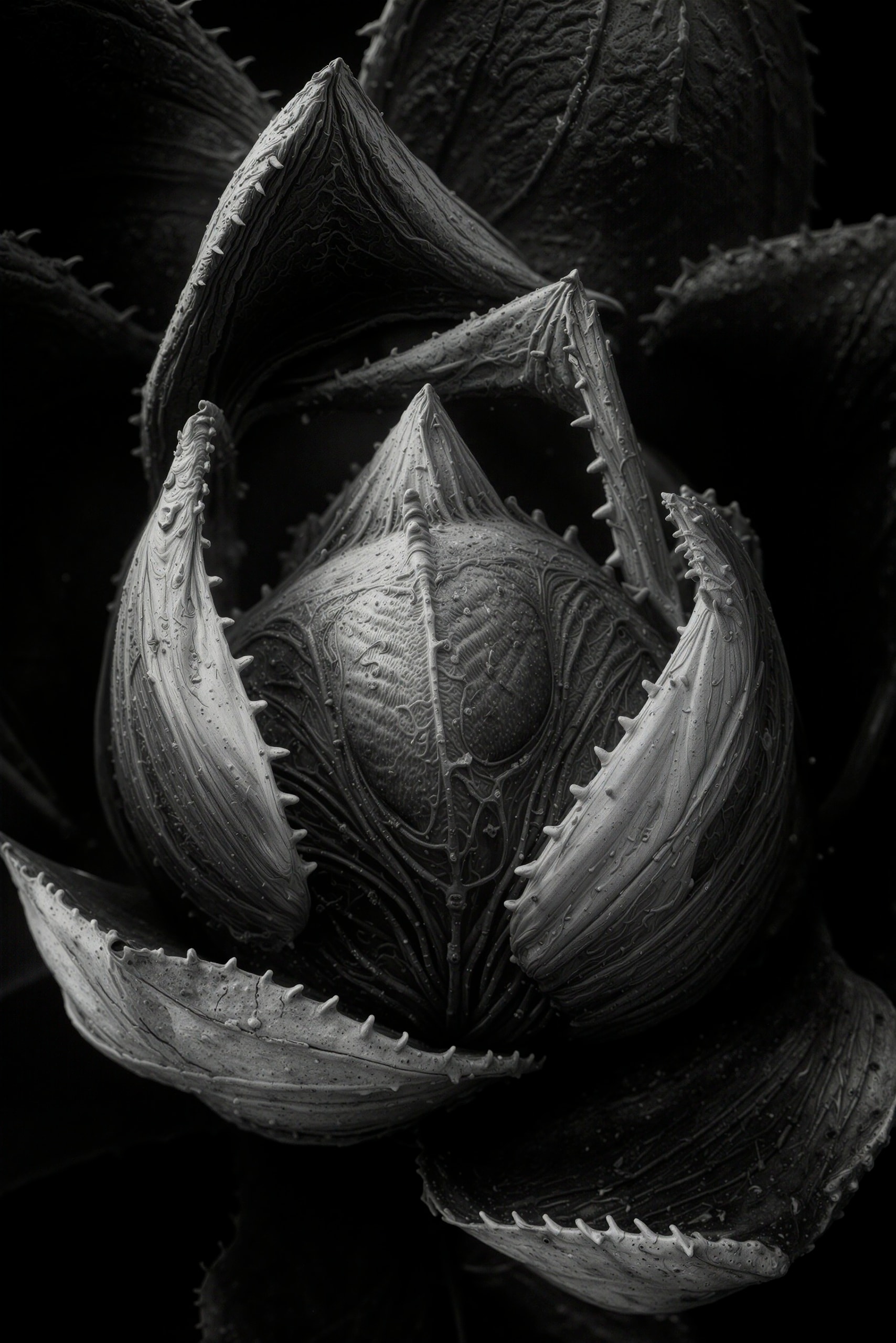 Black and white macro photograph of agave plant with dramatic lighting and fine textural detail