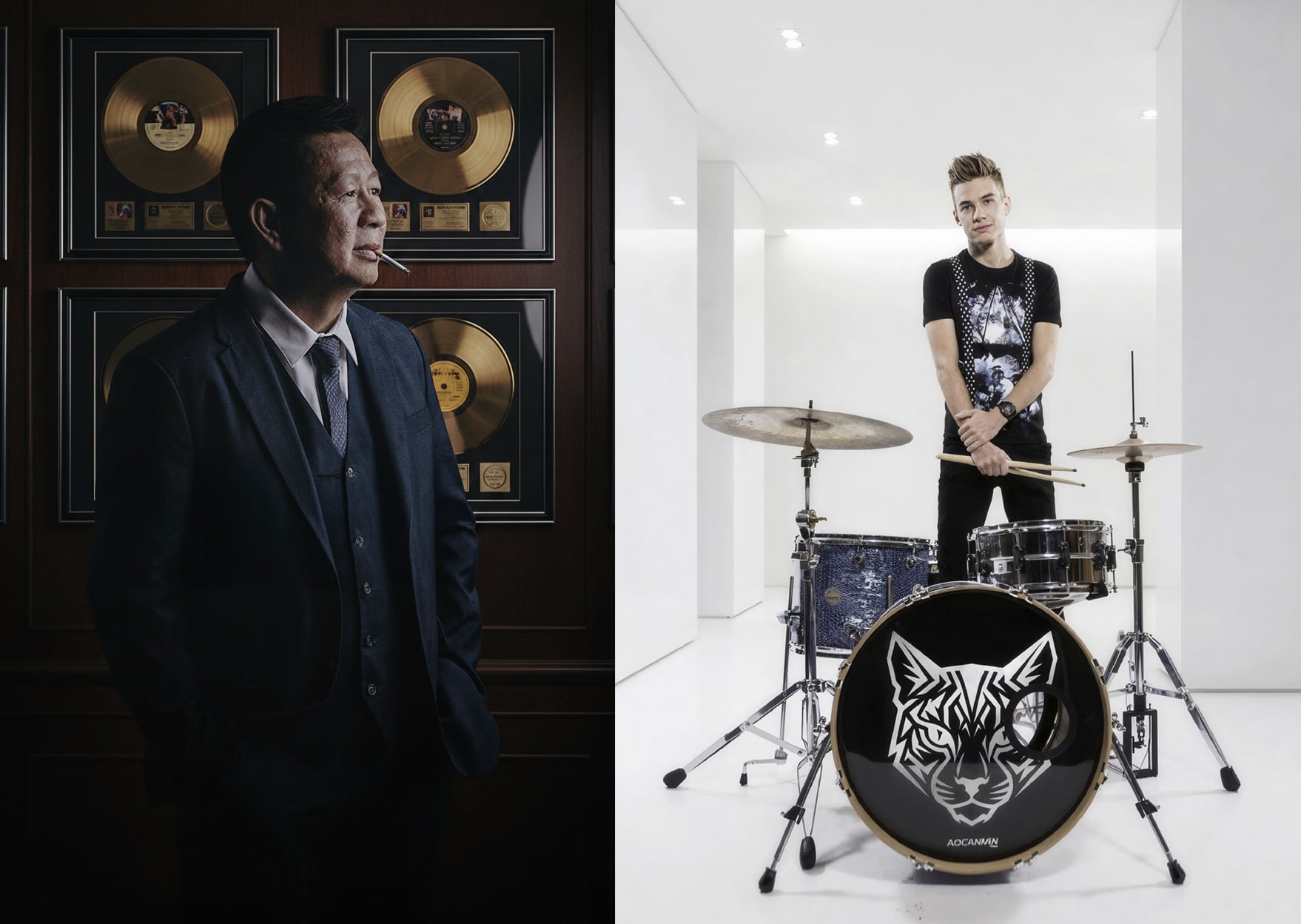 Music industry diptych — record executive with gold records and drummer with branded kit