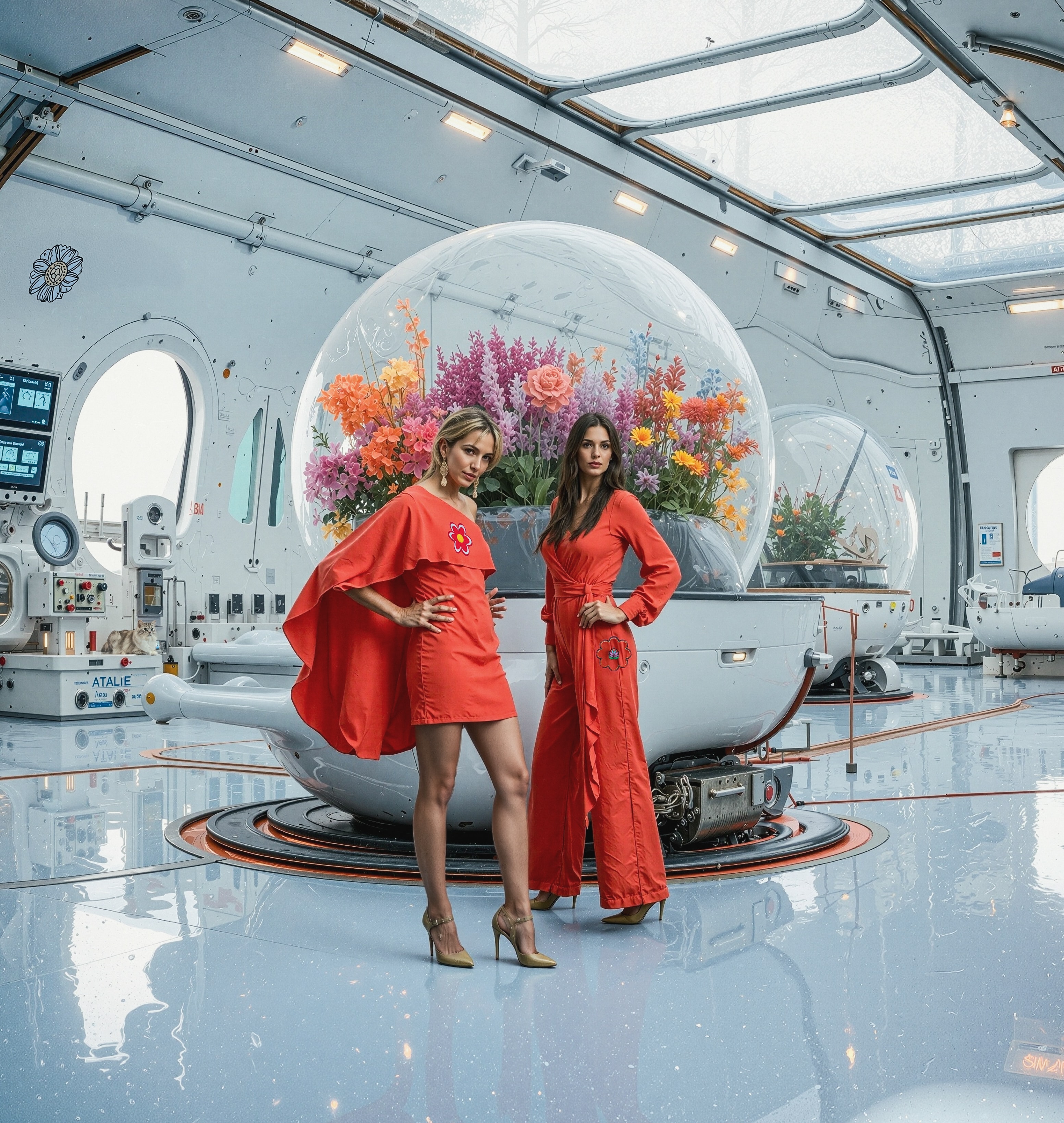 Two women in red outfits in a futuristic space station with vibrant floral arrangement
