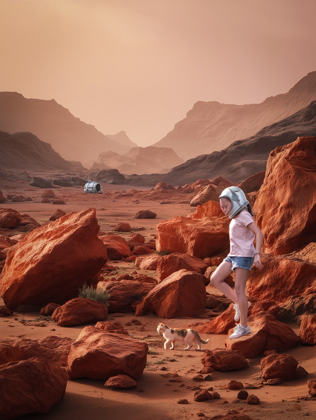 Girl in space helmet exploring Mars-like landscape with a cat and rover in the distance