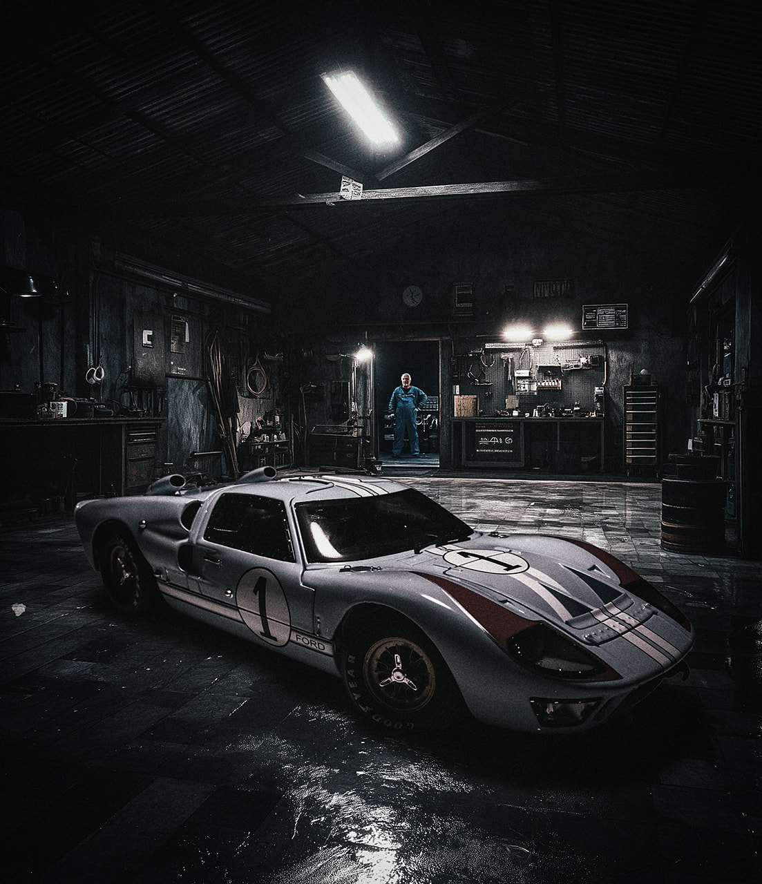 Ford GT40 in dark cinematic garage with mechanic silhouetted in doorway