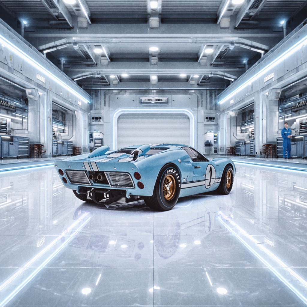 Ford GT40 rear view in futuristic high-tech garage with blue lighting