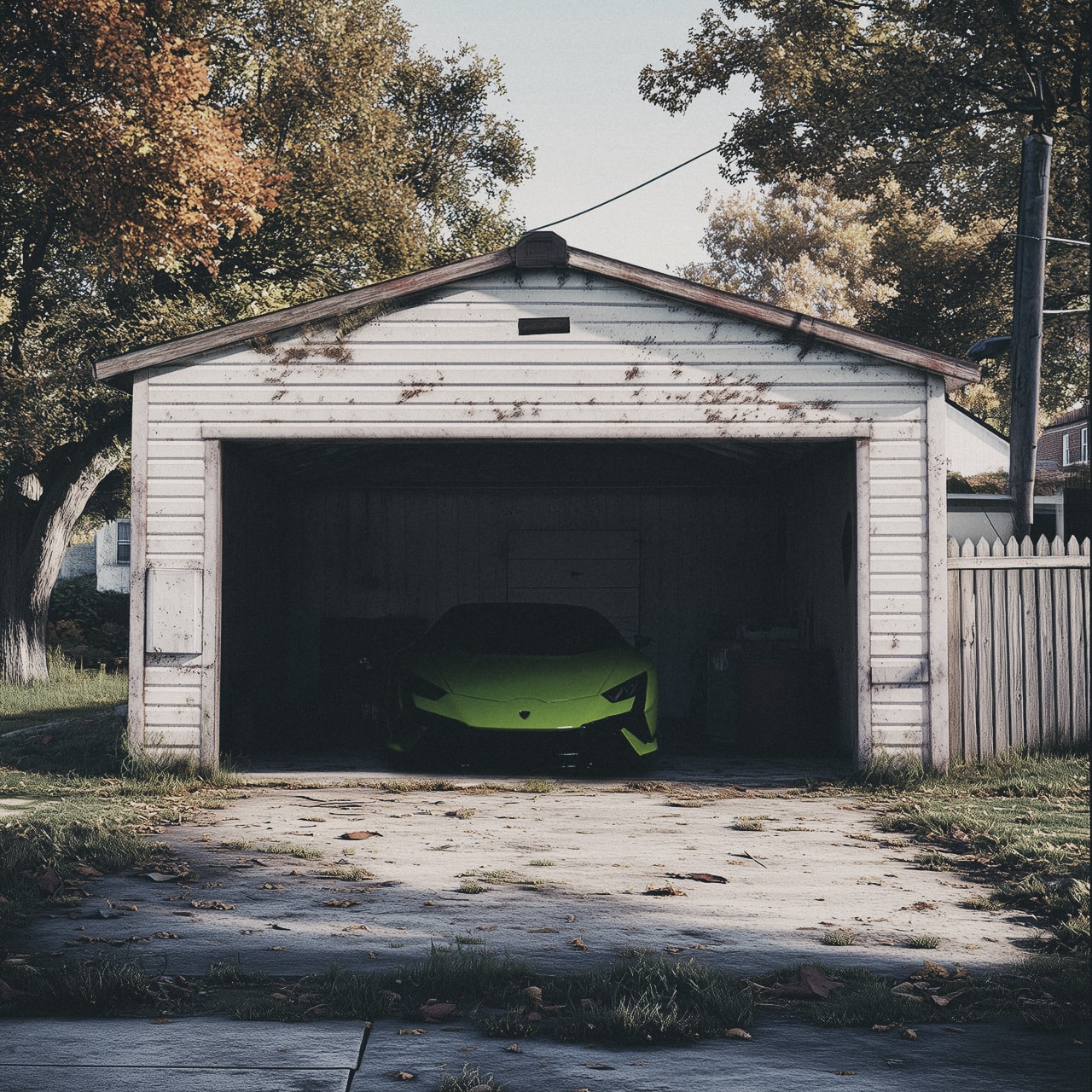 Bright green Lamborghini tucked inside a weathered suburban garage