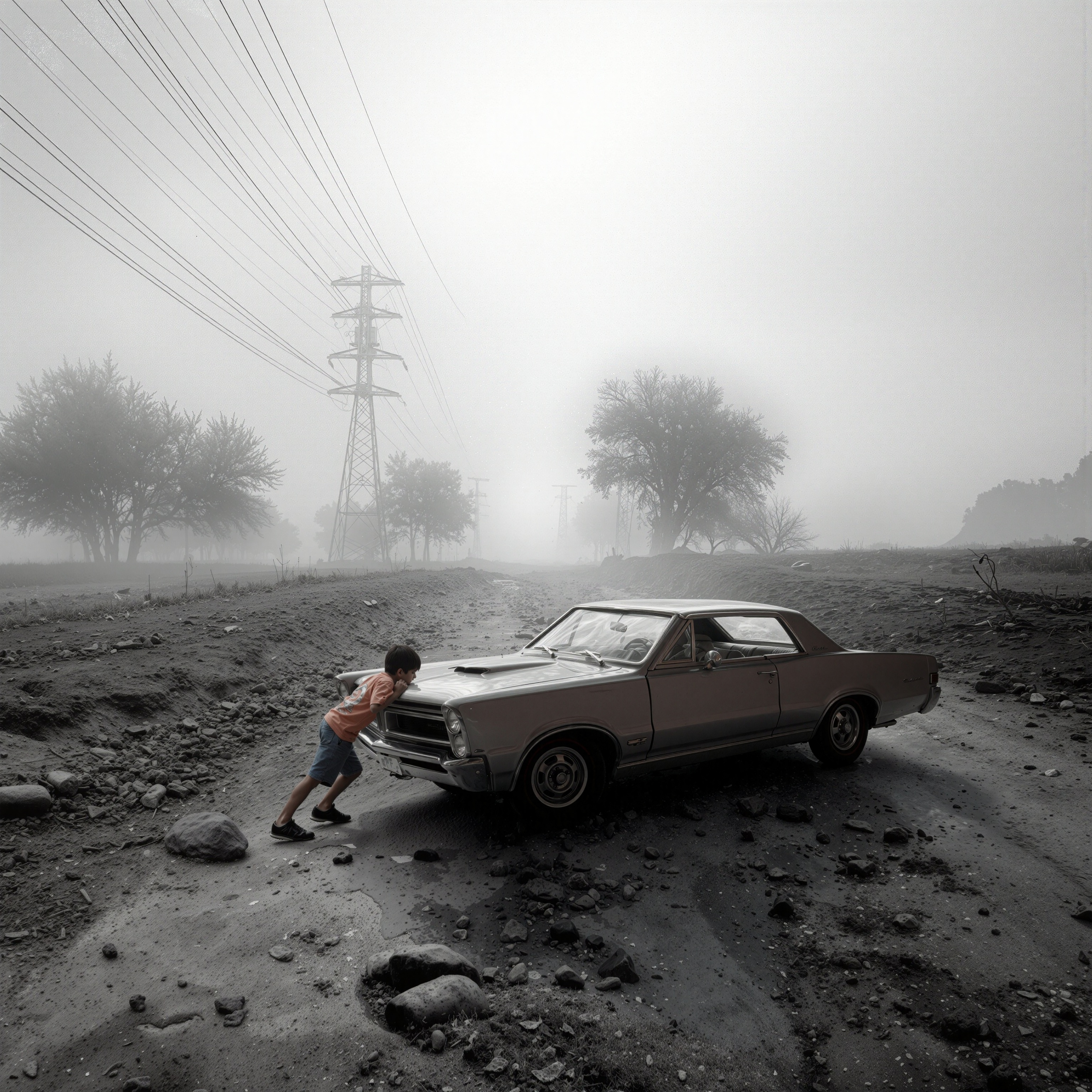 Child pushing a vintage muscle car through a foggy desolate landscape