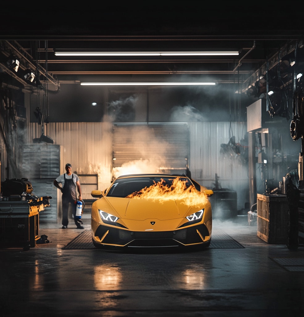 Yellow Lamborghini Huracán engulfed in flames inside a dramatic garage workshop