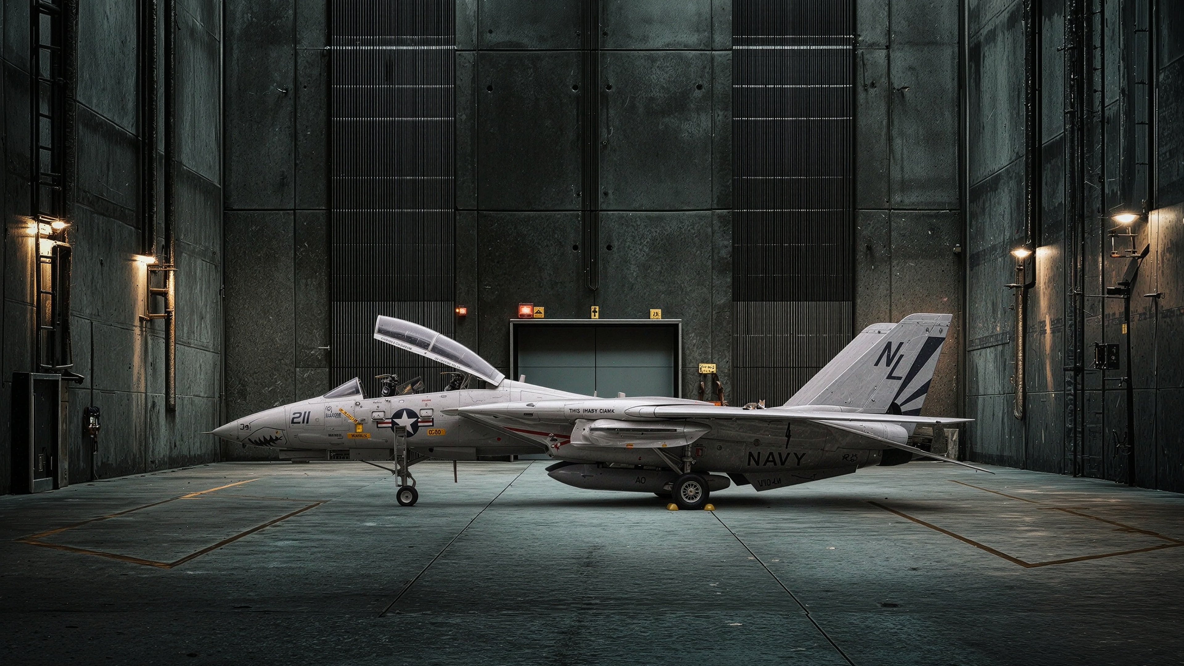 Navy F-14 Tomcat parked in a vast industrial hangar with moody teal lighting