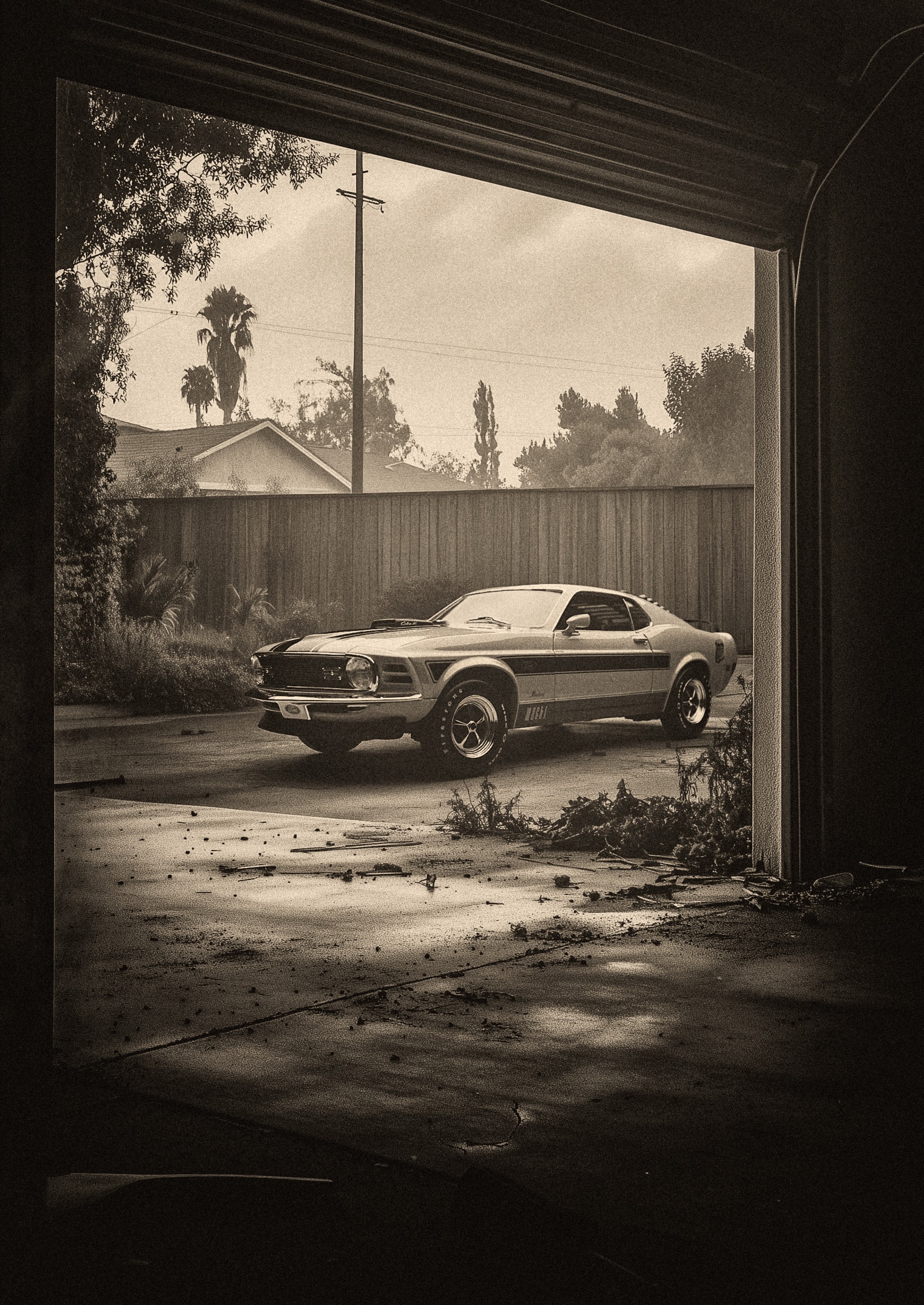 Vintage Ford Mustang Mach 1 framed in a garage doorway, sepia-toned