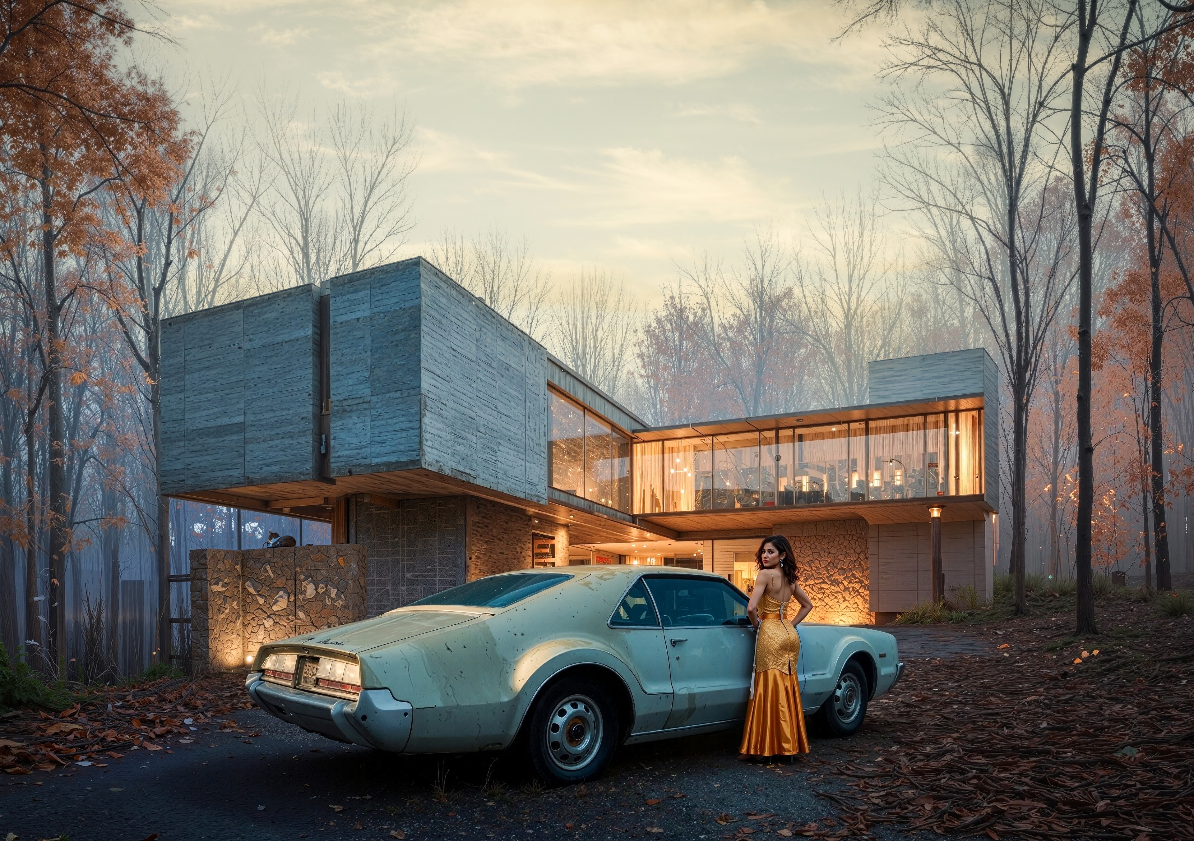 Woman in gold gown beside a weathered vintage car in front of a modern concrete house at dusk
