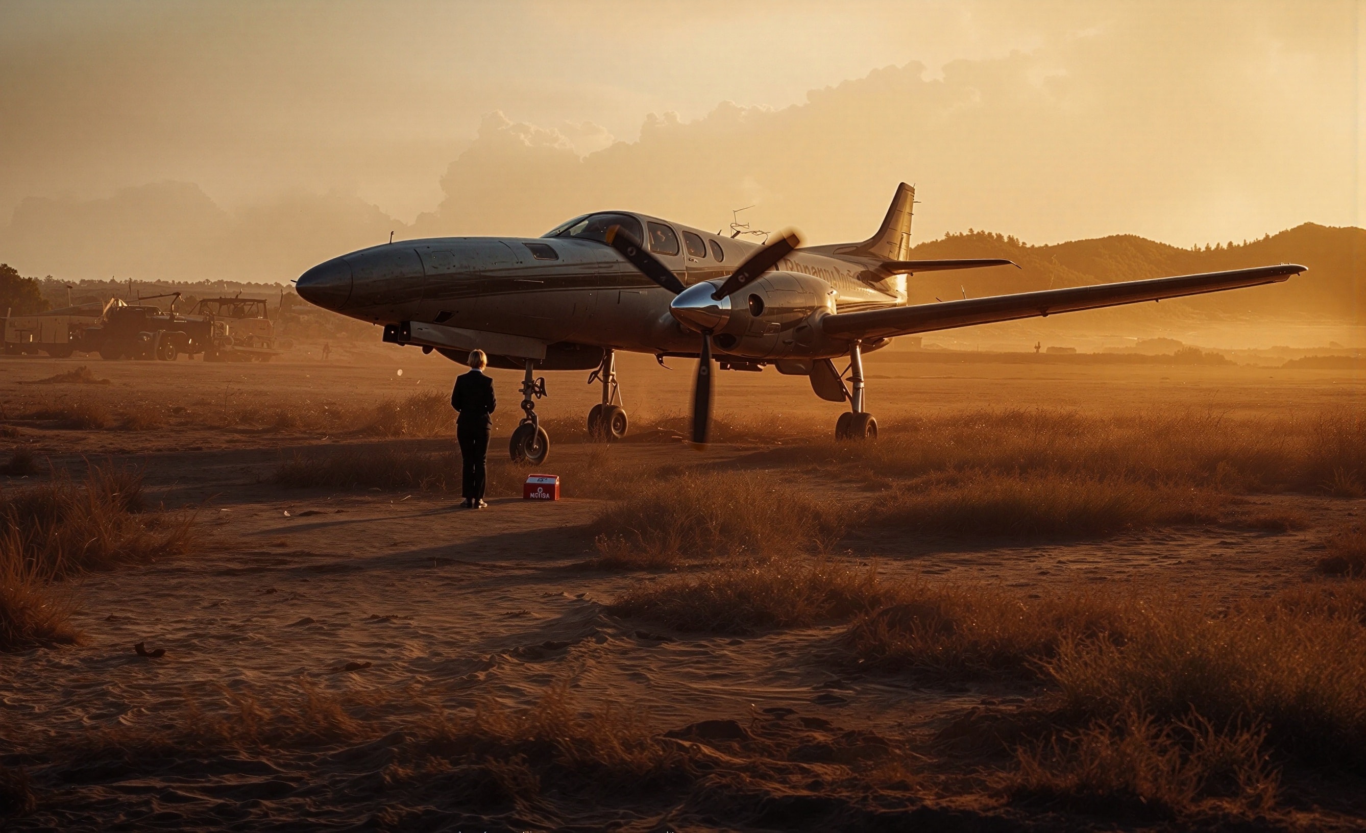 Small propeller plane on a dusty airfield at golden hour with a lone figure standing beside it