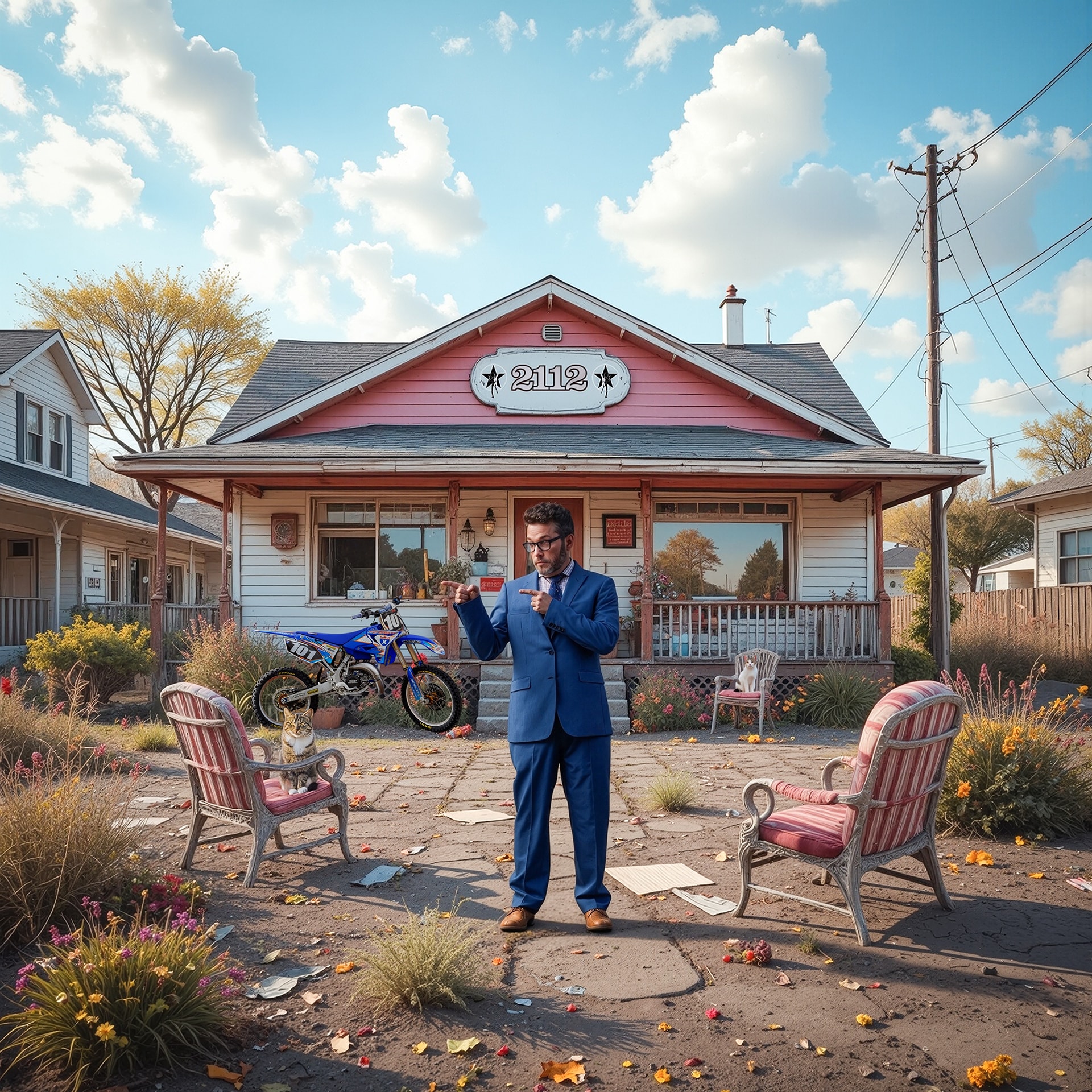 Man in blue suit pointing in front of a pink house numbered 2112 with cats and a dirt bike