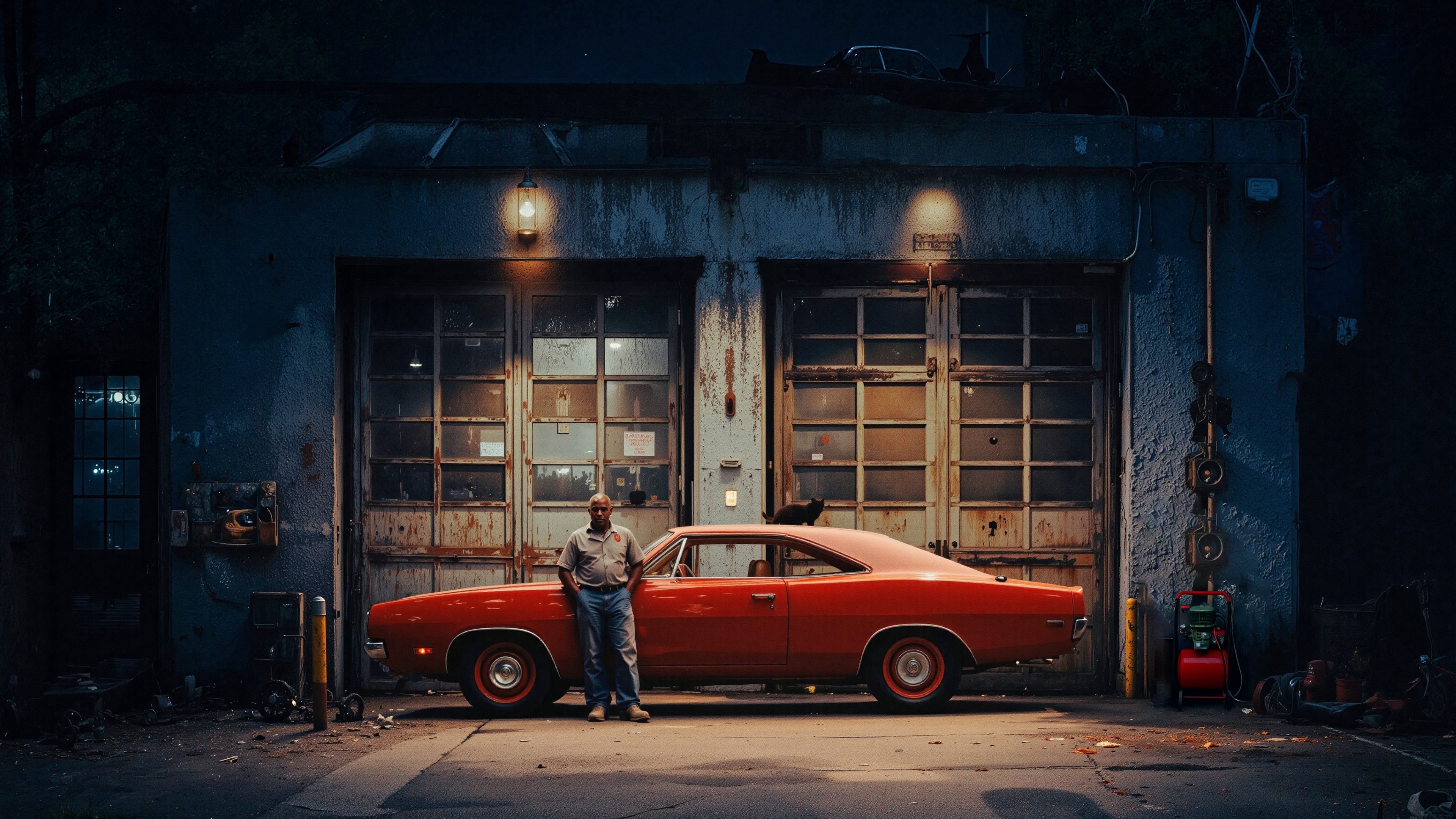 Man leaning on a red muscle car outside a weathered garage at night