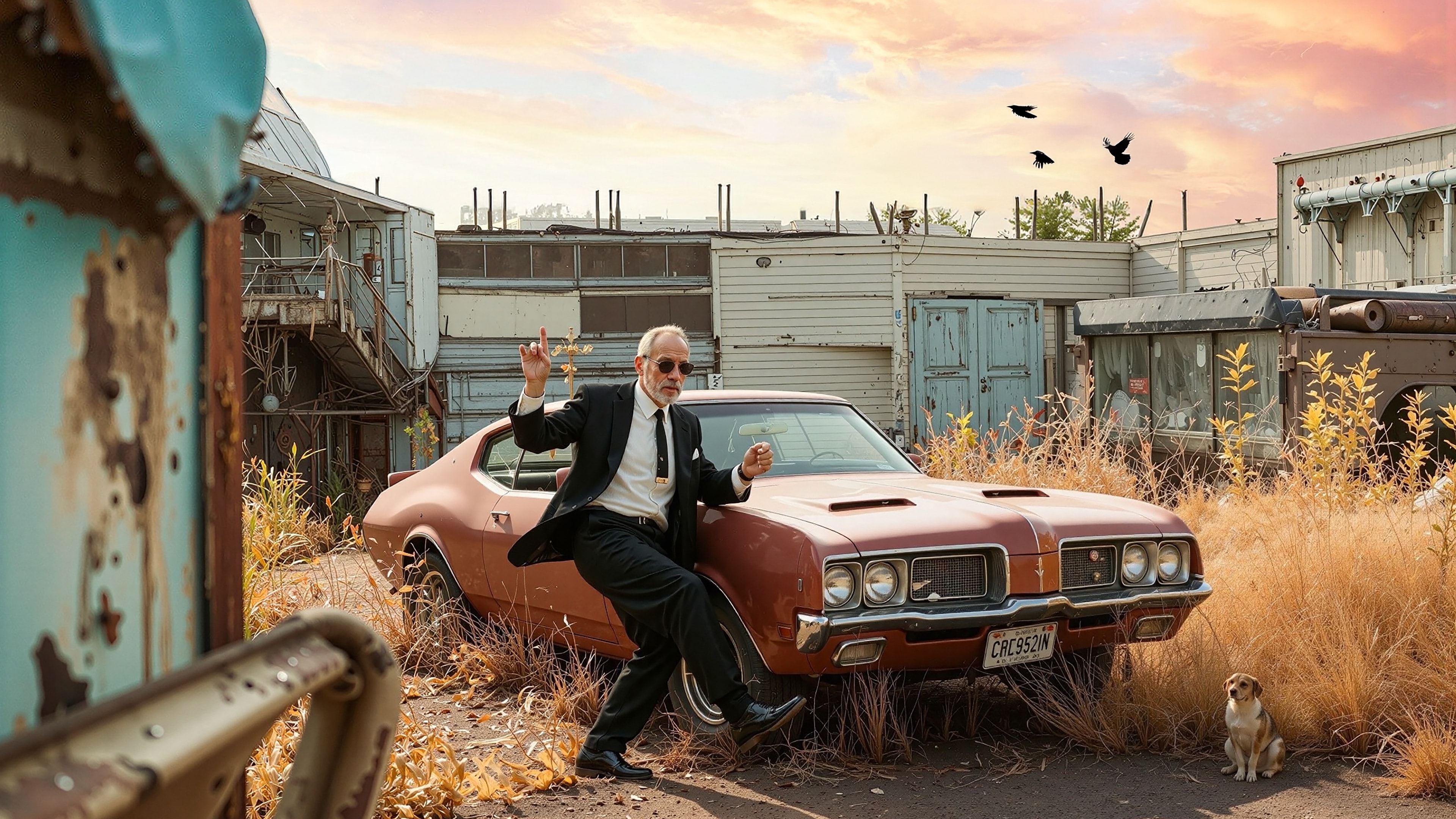 Silver-haired man in black suit leaning on a vintage muscle car in an overgrown industrial yard at sunset