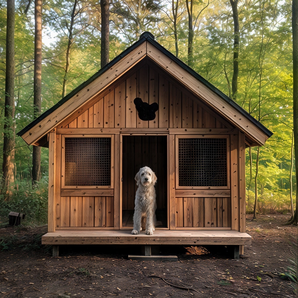 Fluffy dog in a wooden cabin in the forest