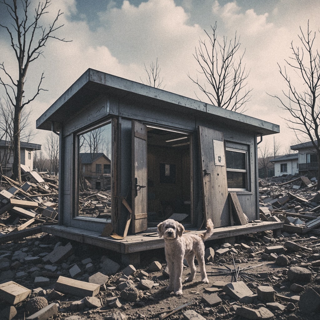 Dog standing outside a concrete structure in a desolate landscape