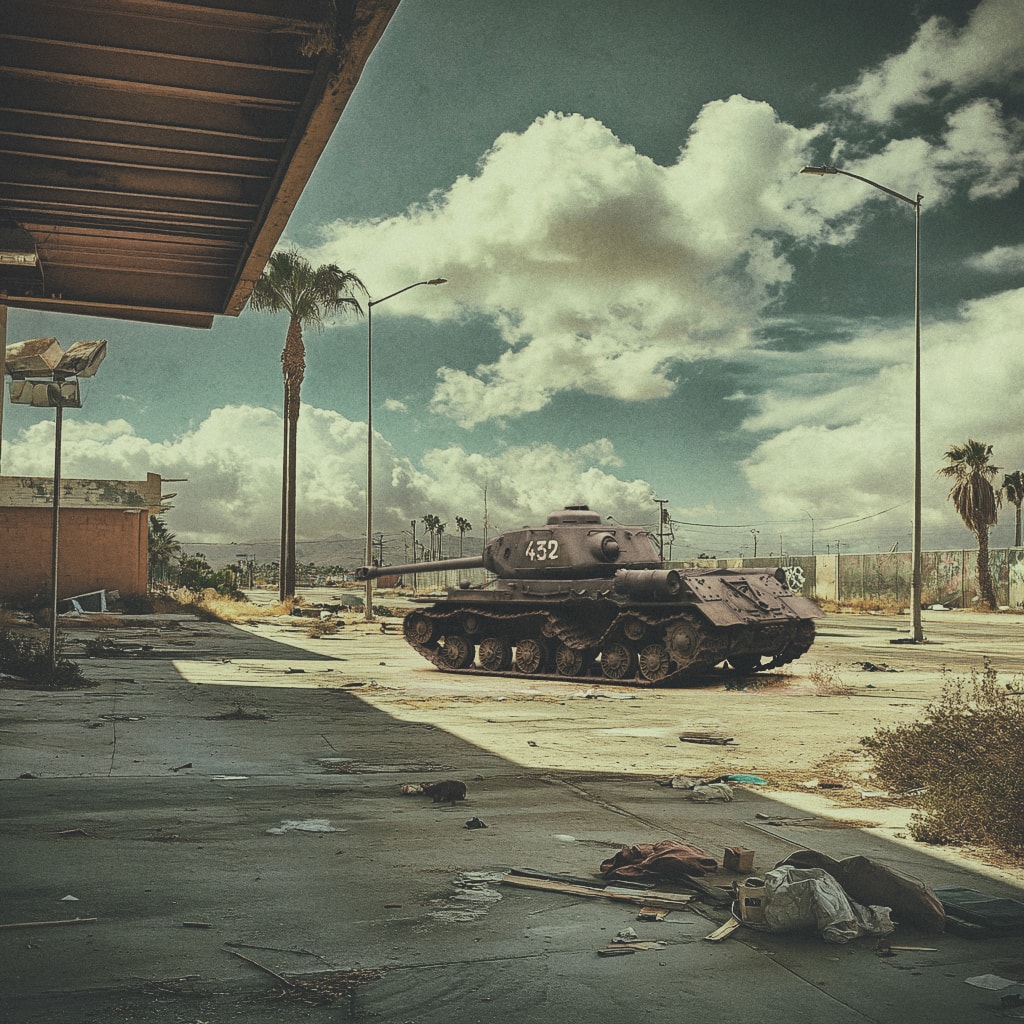 Abandoned military tank in a desert urban lot