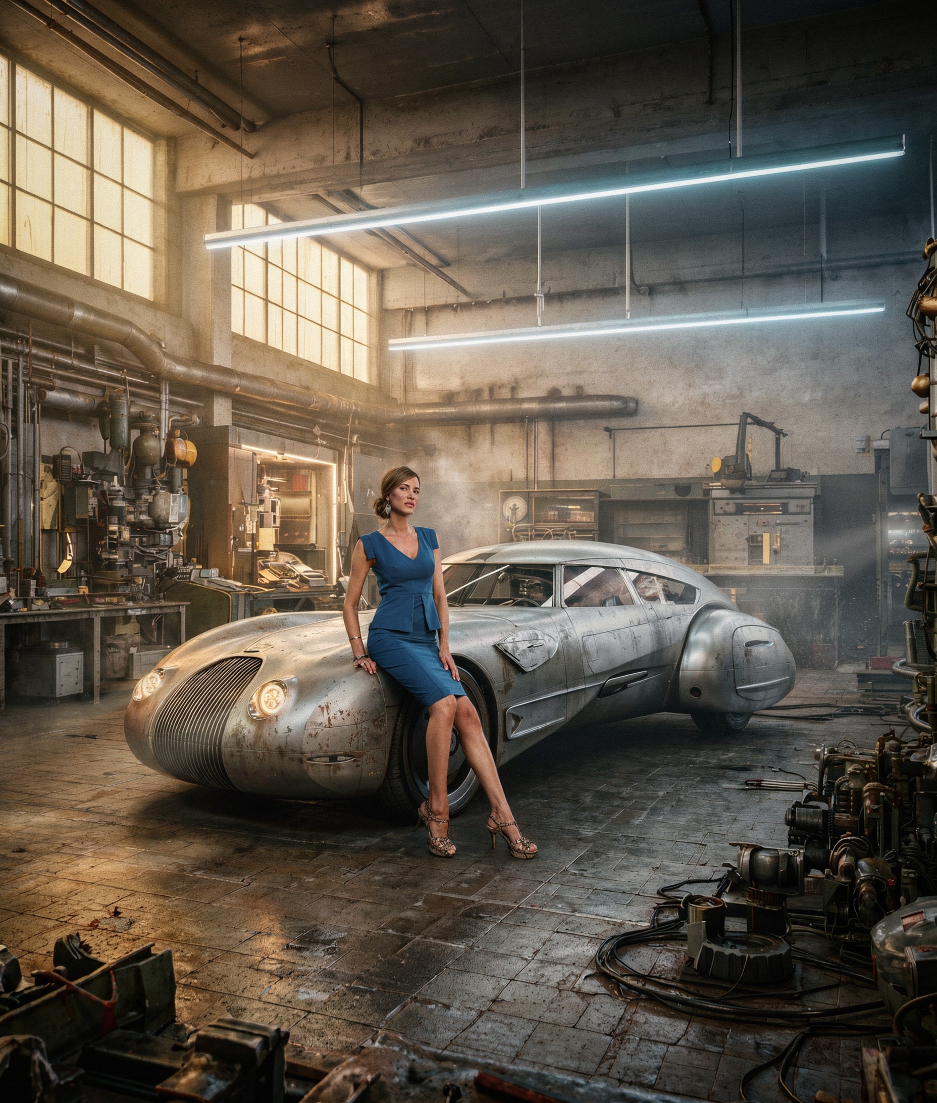 Woman in blue dress leaning on a futuristic silver car in an industrial workshop