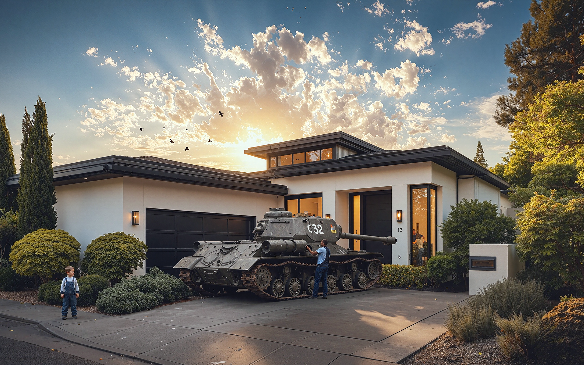 Military tank parked in the driveway of a modern suburban home