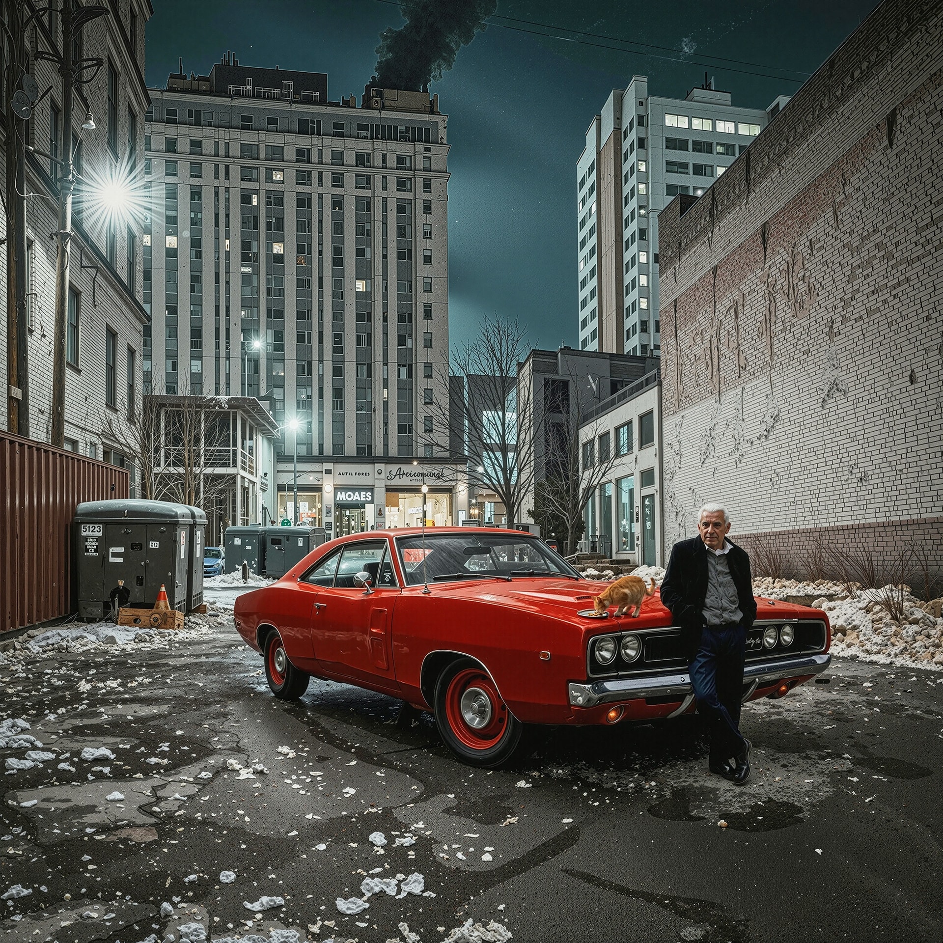Silver-haired man leaning on a red vintage Dodge Charger in a snowy city alley at night with a cat on the hood