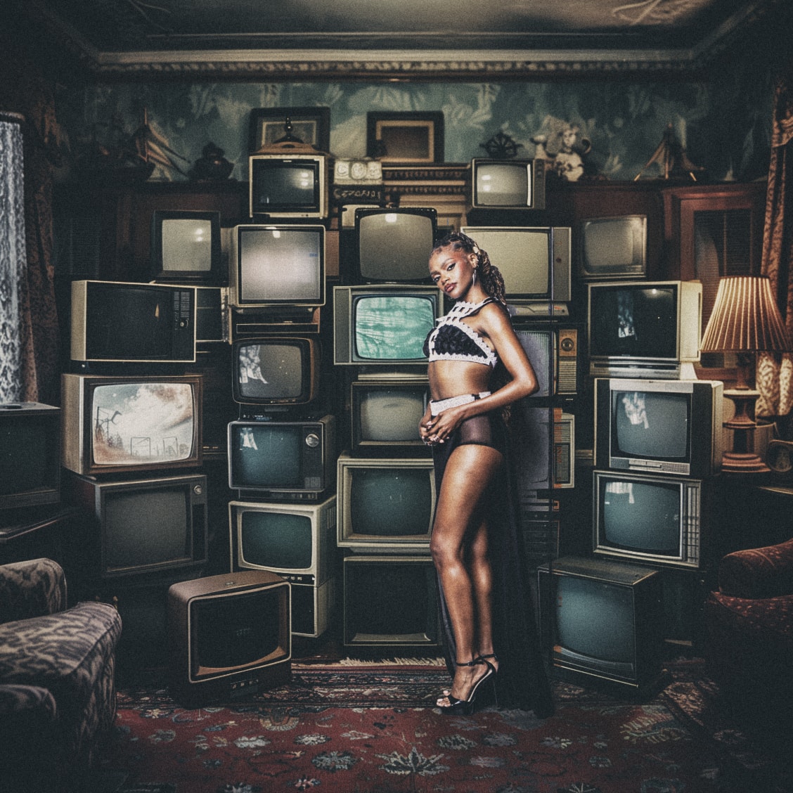 Woman in lingerie posing in front of a wall of stacked vintage televisions in a moody Victorian room