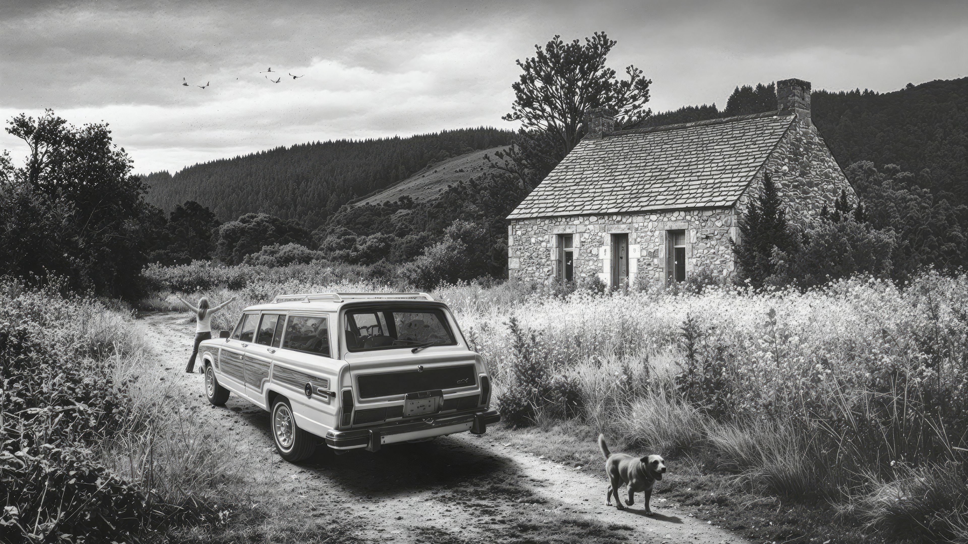 Black and white photo of a vintage Jeep Wagoneer on a dirt road beside a stone cottage with a dog and a woman stretching